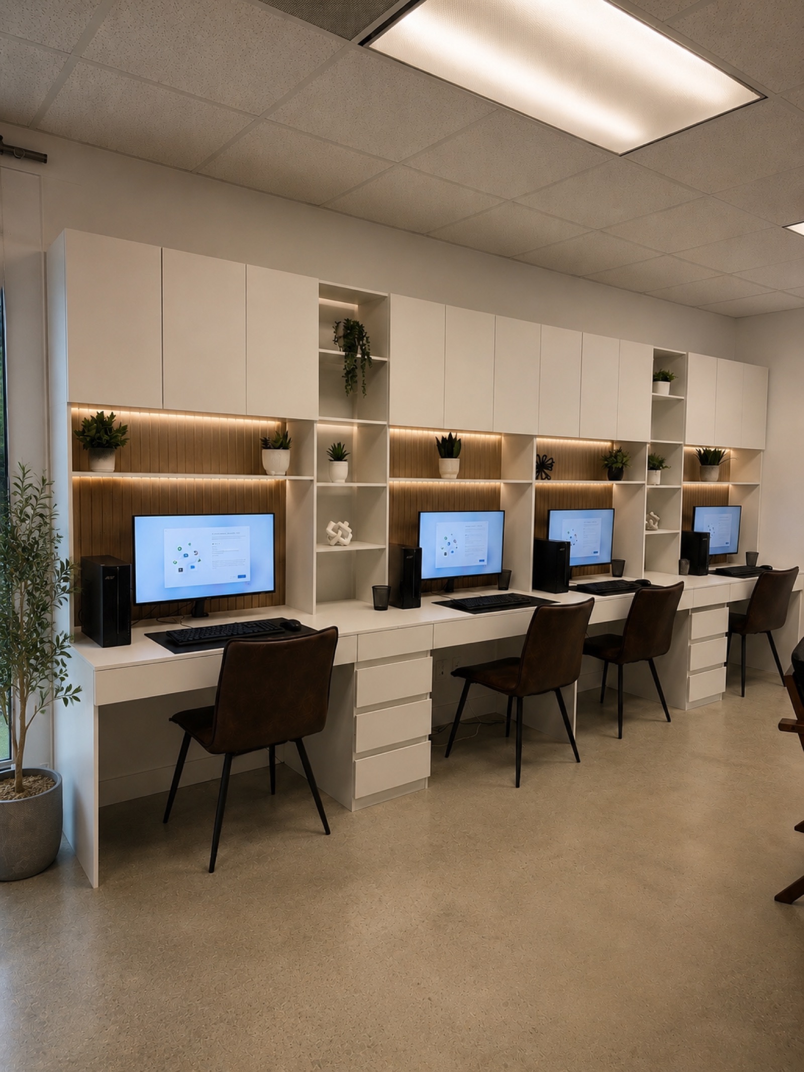 Computer workstations with monitors and lounge chairs for work and study