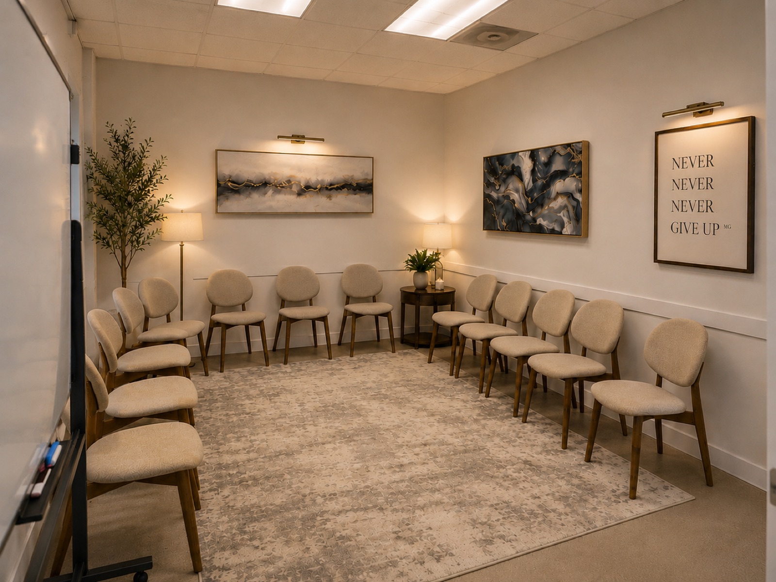 Group therapy room with a circle of chairs and a Never Give Up wall print