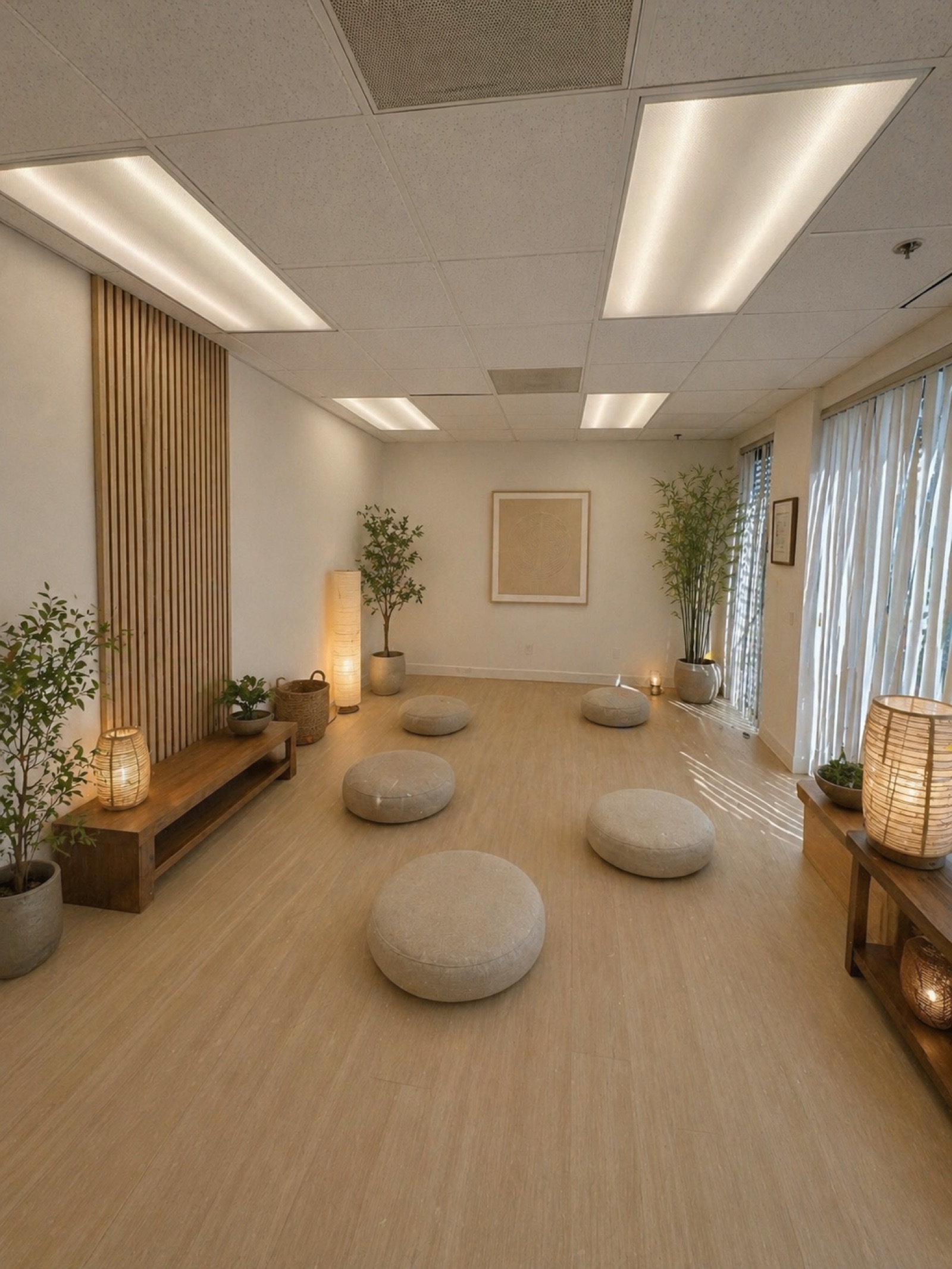Meditation and yoga room with floor cushions and warm lantern lighting