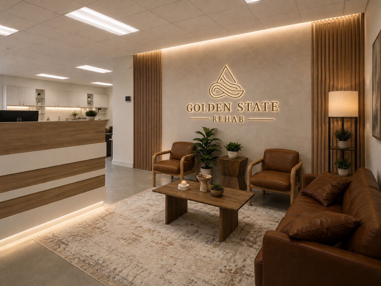 Reception and front lounge with the Golden State Rehab signature wall