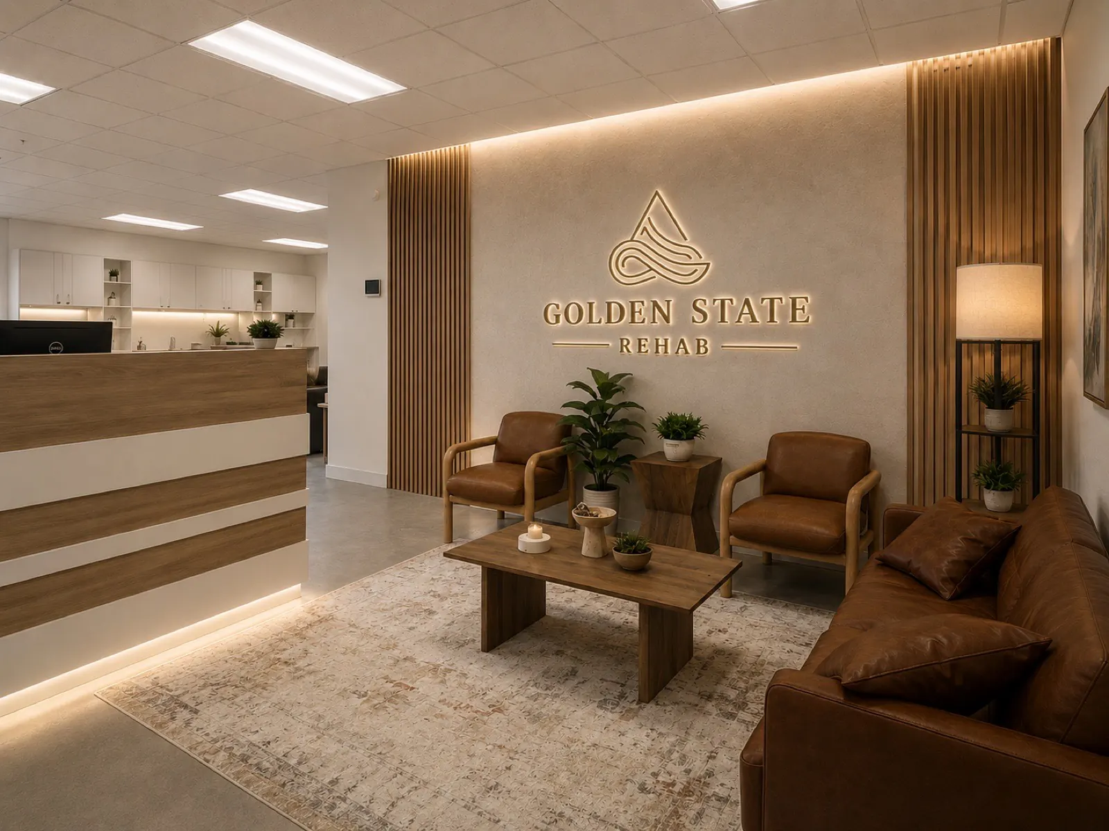 Reception and front lounge with the Golden State Rehab signature wall