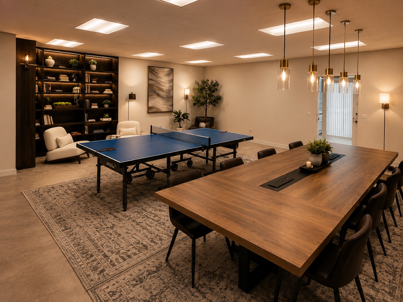 Recreation room with shared dining table, ping pong, and built-in shelving